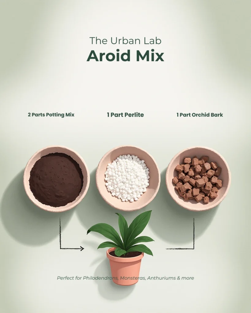 Diagram showing the soil mix recipe: 2 parts potting soil, 1 part perlite, and 1 part orchid bark.