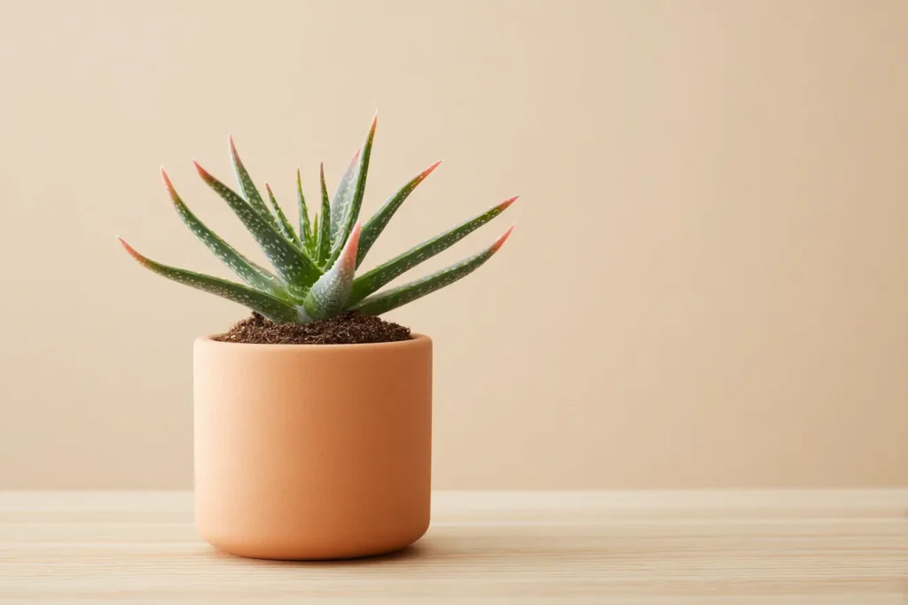 Aloe microstigma houseplant in a terracotta pot with a warm background, showing mild sun stress on the leaf tips.