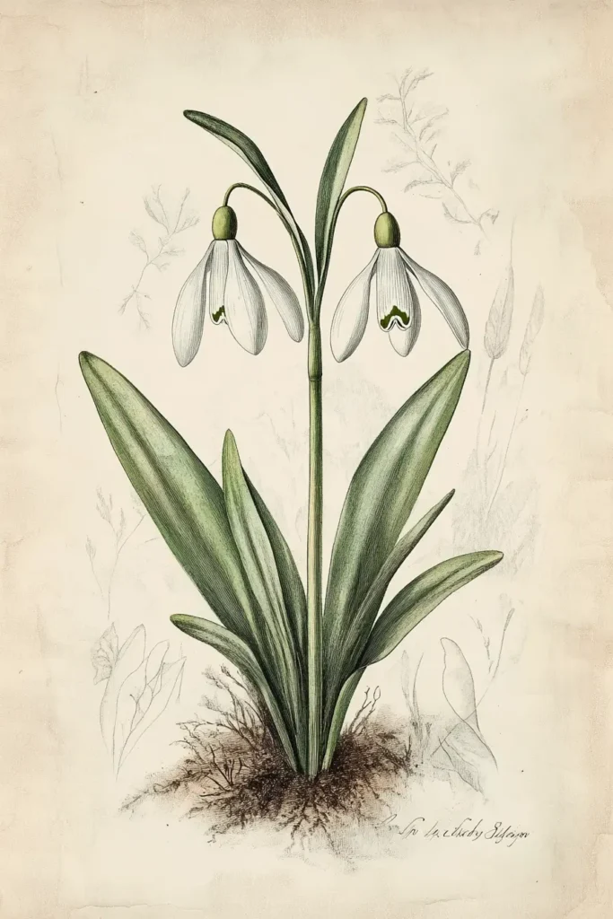 Vintage botanical illustration of Galanthus snowdrop flower with labeled parts, delicate ink and watercolor on cream parchment, and a Victorian scientific art style